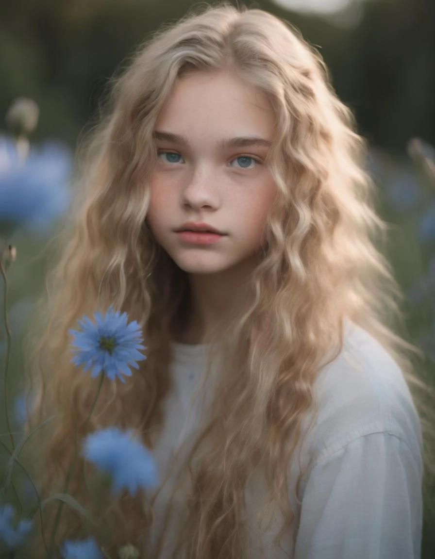 A 18yo woman with long, wavy blonde hair and wide, innocent eyes the color of cornflowers, a small beauty mark on her right cheek like a secret.