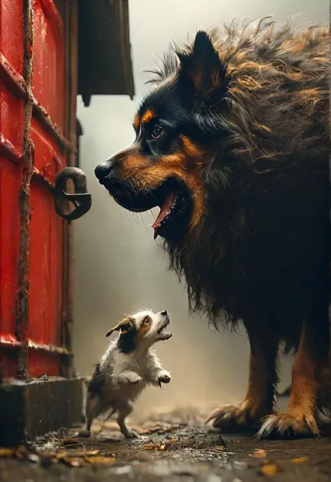 an epic standoff of a dog and a the mail-man, cinematic, atmospheric, <lora:XL_boss_battle:1> <lora:- SDXL - AI-Breaker_V3.5:0.2>