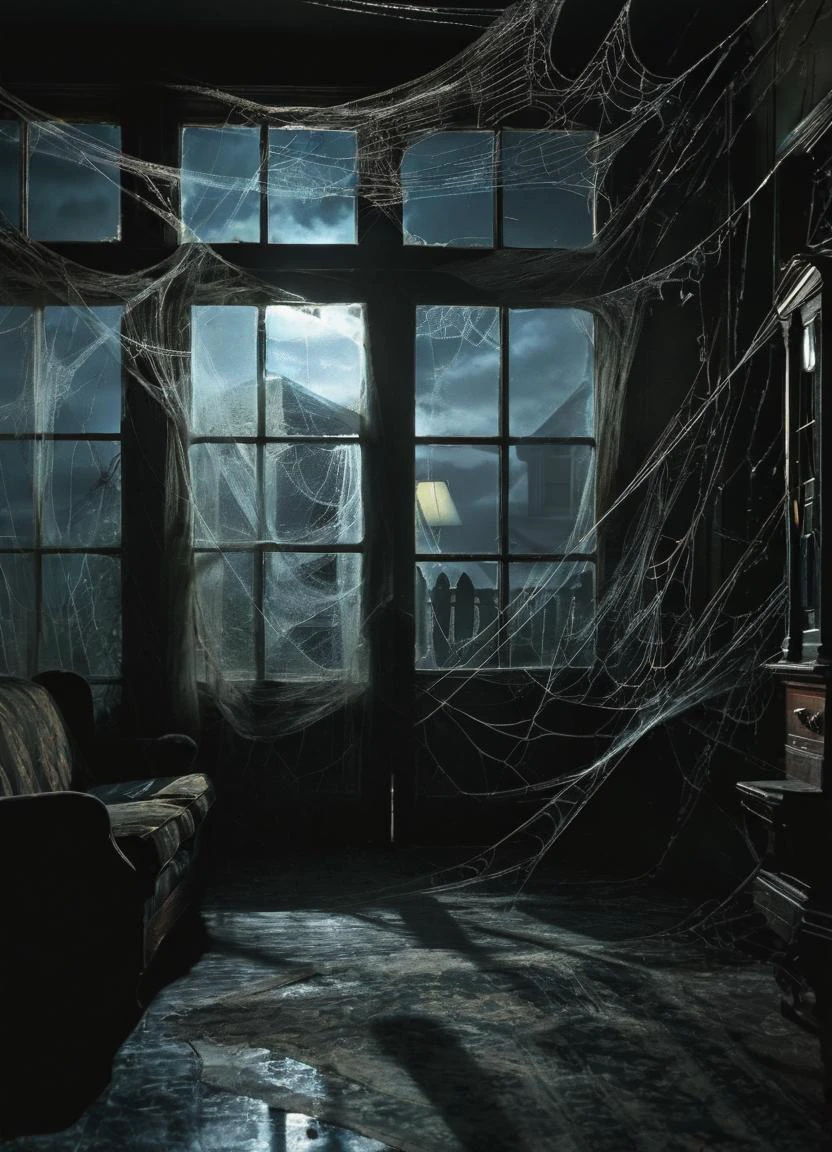 old house at night, living room, moonlight coming in from the windows, spiderweb covering the doors and windows
<lora:spiderweb:0.8>