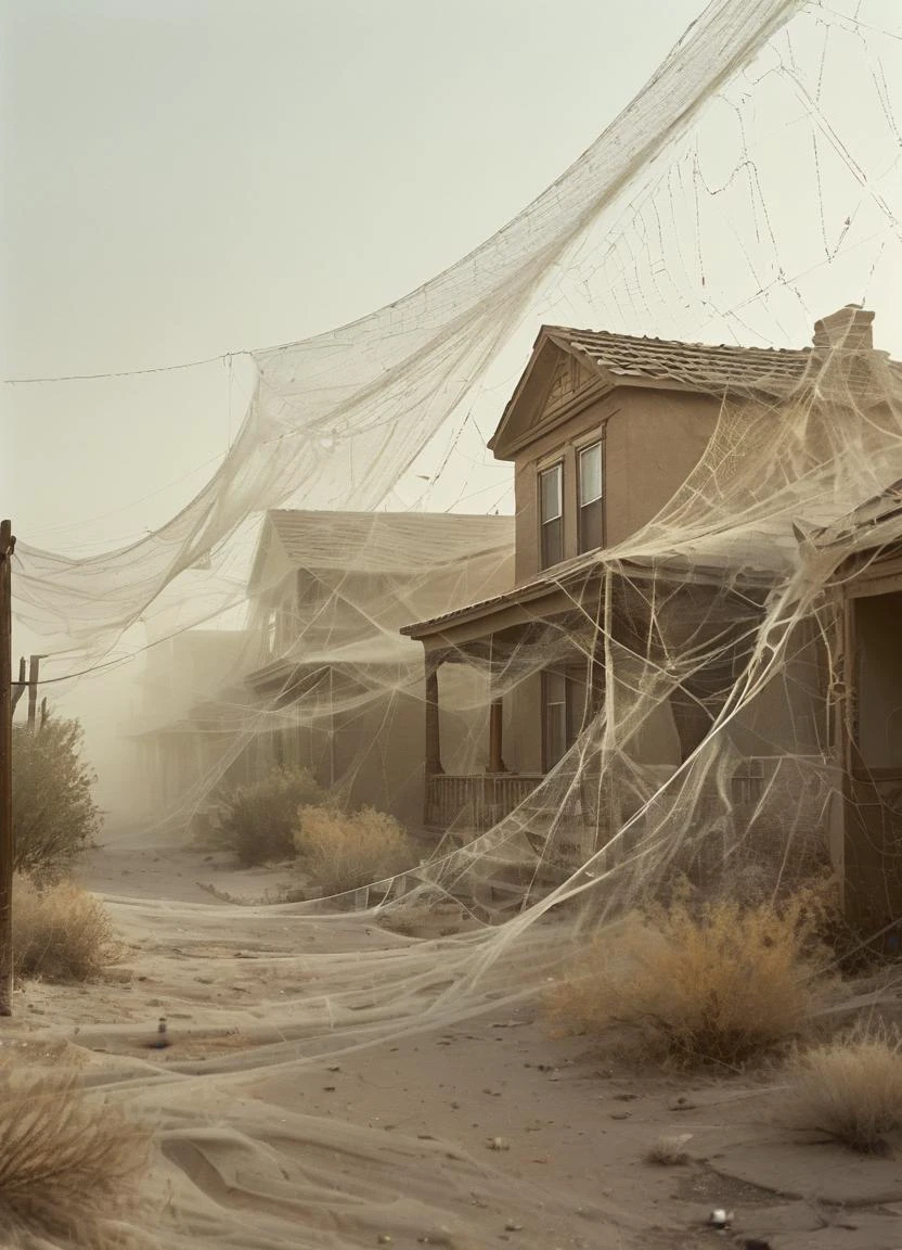 a few houses in the desert, fully covered in spiderweb , spiders crawling in the streets,
<lora:spiderweb:0.8>
