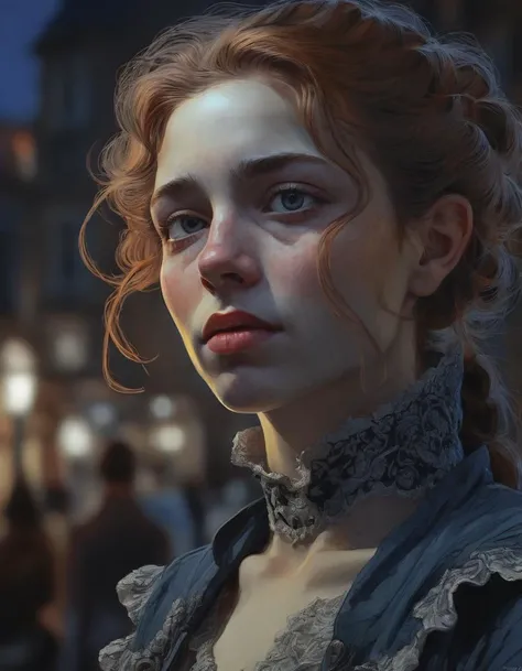 at night, lit from the side, D&D style portrait, fantasy, digital art, close up of a Parisien Marie, Depressing, intricate, close-up, drawing, detailed face, detailed brushwork, strong color, impasto