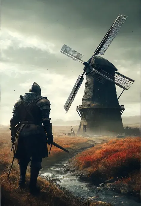 an epic battle of a person of questionable sanity and a serene windmill, cinematic, atmospheric, <lora:XL_boss_battle:1> <lora:- SDXL - AI-Breaker_V3.5:0.2>