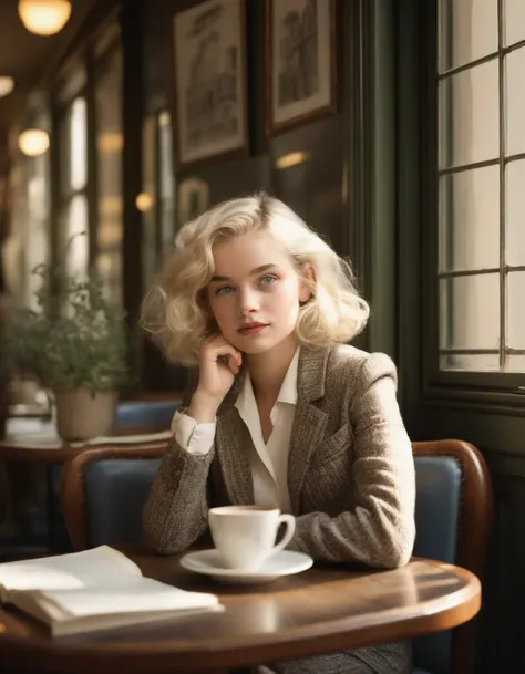 In a vintage Parisian café bathed in morning light, a stylish woman sits at a corner table, lost in the pages of a well-worn paperback, her coffee steaming gently beside her. Her bobbed, platinum blond hair is styled with a subtle wave, framing her delicate features and accentuating her high cheekbones.
Her porcelain complexion is flawless under the warm light, with natural freckles sprinkled across her nose and cheeks, adding to her air of approachable charm. Her deep blue eyes are framed by thick lashes, and the corners crinkle in amusement as she reads a particularly funny passage, her lips curling into a sweet smile.
Her slender frame is draped in a vintage tweed suit, tailored to emphasize her petite waist, and she sits with one knee crossed over the other, a hand resting on her chin as she engages in deep thought. Her pose exudes a sense of intelligence and confidence, the perfect complement to her stylish attire and captivating presence.