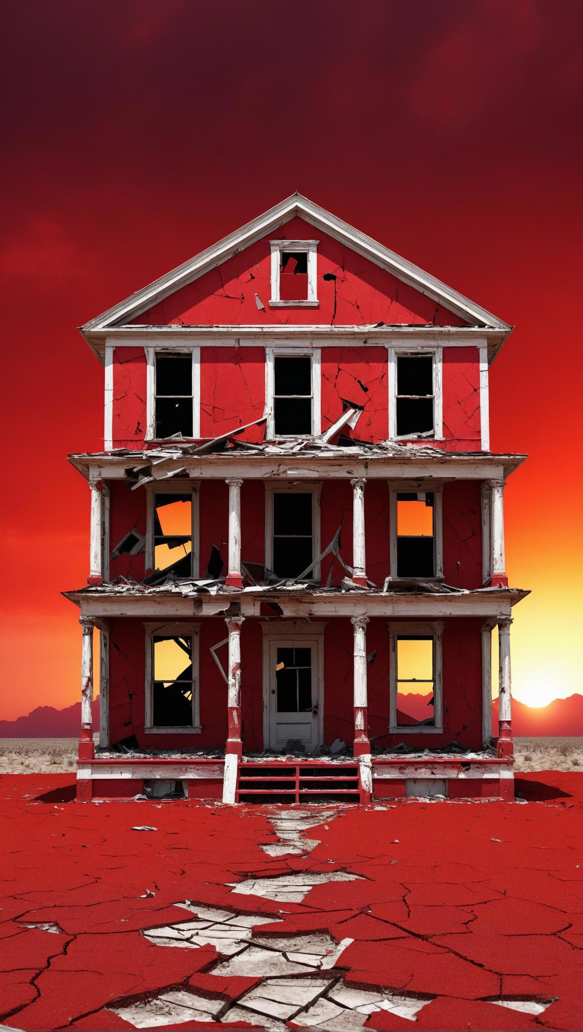 A red house with a broken roof and a broken window - SeaArt AI