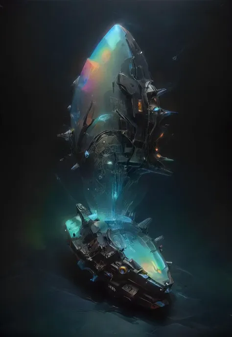 a glowing holographic space vessel on a pure dark liquid ocean, wreck, shadows, black ocean, night, translucent, <lora:- SDXL - holo_effect_V1.0:0.7>, <lora:- SDXL - vant_blk_contrast_V2.0:0.7>, <lora:DisplayStandXL_1.0:0.7>, <lora:SDXL - Style - EldritchRomanceIllustration1.3.1:0.8>