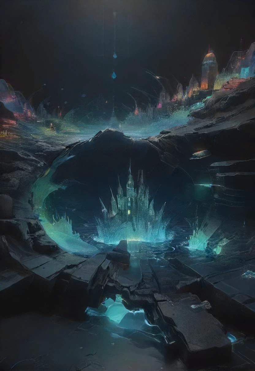 a glowing holographic city on a pure dark liquid ocean, wreck, cracked, shadows, black ocean, night, translucent, <lora:- SDXL - holo_effect_V1.0:0.7>, <lora:- SDXL - vant_blk_contrast_V2.0:0.7>, <lora:DisplayStandXL_1.0:0.7>, <lora:SDXL - Style - EldritchRomanceIllustration1.3.1:0.8>