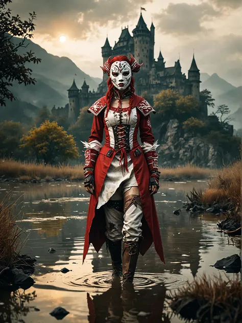 survival game style, gloomy atmosphere, low visibility, limited inventory, post apocalyptic hinting at unspoken stories and emotions. the image captures a moment of hesitation and decision, amplified by the stark contrast between the woman's confident posture and the overall moodiness of the setting., woman, adorned in a unique and vibrant costume. the individual's face is concealed behind a mask with a bold red and white color scheme, by xu wei, including red and yellow, walking through the water on its hind legs. its posture suggests determination and purpose despite the challenging environment. in the background, with mustache, a view of a castle on a mountain with a sunset in the background, prairiecore