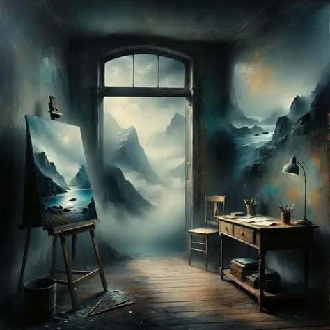 On an easel, an artwork that beckons the artist, drawing them forward. The painting is reality, too real to resist. The artist takes a tentative step forwards, and then another, until they begin to enter the painting itself, exiting the real world and entering their own fantasy.
(Watercolor dreaminess), selective color, key visual. Soft dreamy watercolor.
Atmospheric, antique, intricate, detailed. rustic, moody.
Fantasy style. Fantasy dreamlike art.
High contrast, vivid deep blacks, crystal clear.
The background is diffuse and colorful.
<lora:Old_Style_SDXL:0.2>
<lora:The_Dark_Side_of_the_Earth:0.6>
<lora:EnvyAwesomizeXL01:0.8> Awesomize
<lora:OMG-Is-DucHaiten_v1.0:0.4>
<lora:ClassipeintXL2.1:0.2> oil painting
<lora:Ghostly_Style_SDXL:0.4> ais-ghostly