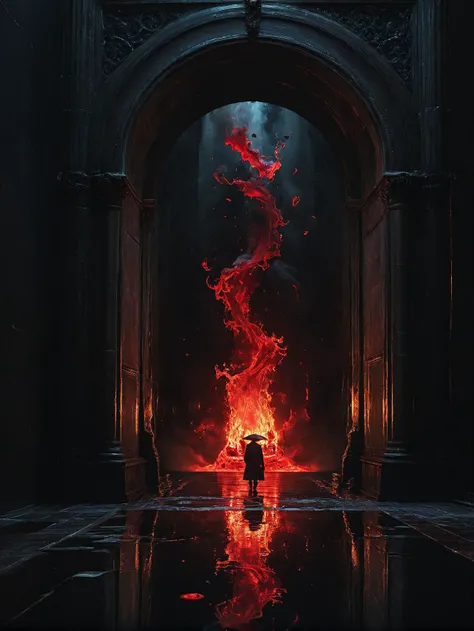 most detailed image of a very high quality masterpiece,complex composition, exquisite detailed features, photorealistic, absurdres, <lora:Radiant_Darkness:1> Radiant Darkness <lora:zavy-cntrst-sdxl:1> dark, chiaroscuro, low-key, red ink, masterpiece fro another dimension