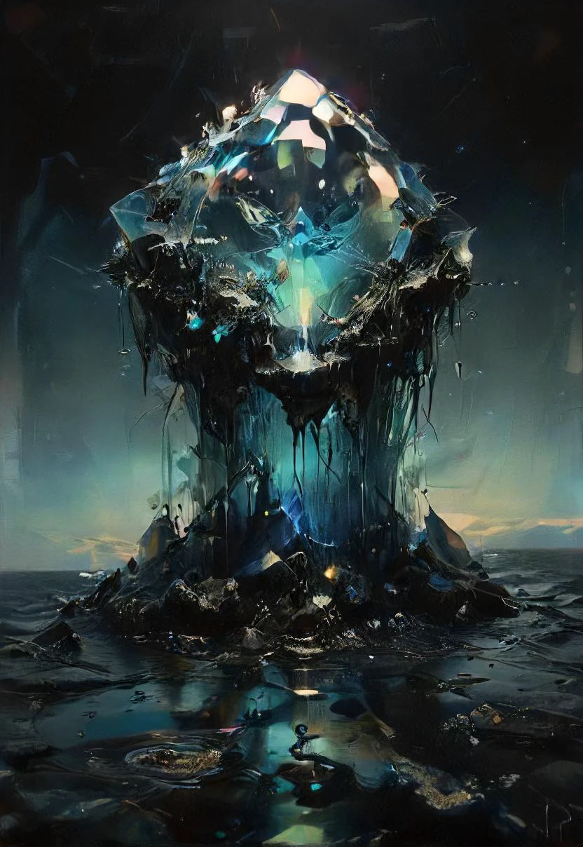 a glowing holographic diamond on a pure dark liquid ocean, wreck, cracked, shadows, black ocean, night, translucent, <lora:- SDXL - holo_effect_V1.0:0.7>, <lora:- SDXL - vant_blk_contrast_V2.0:0.7>, <lora:DisplayStandXL_1.0:0.7>, <lora:SDXL - Style - EldritchRomanceIllustration1.3.1:0.8> <lora:Melting_world:0.8>