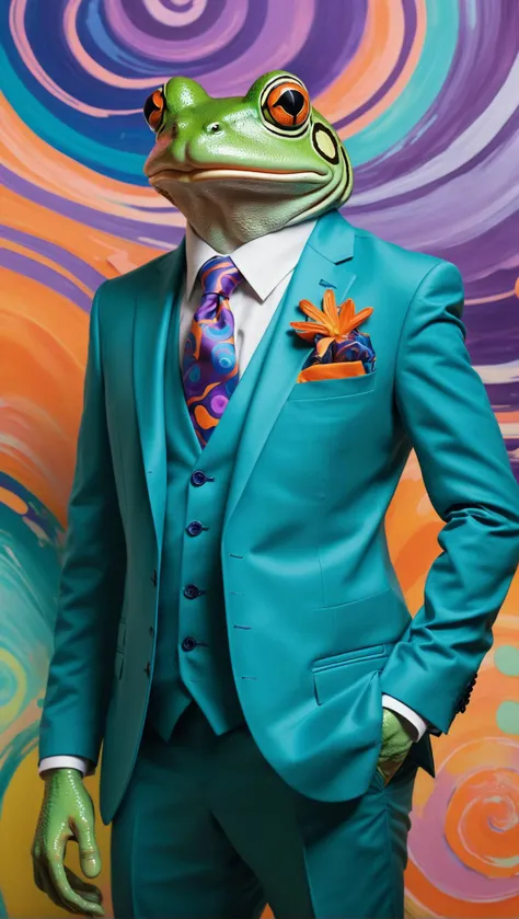 jrpg video game style, anime inspired graphics, turn based combat, rich storytelling in the image, a vibrant and lively frog is wearing a stylish suit with a multitude of colors swirling across it. the suit features a blue jacket adorned with colorful patterns, complemented by a matching tie and vest. the frog stands confidently in front of an abstract painting that mirrors its attire, both reflecting the frogcore aesthetic. the painting consists of spirals in shades of orange, purple, and teal, creating a sense of harmony between the frog's appearance and the background art. the frog's pose exudes confidence and flair, embodying the essence of the frogcore movement.
