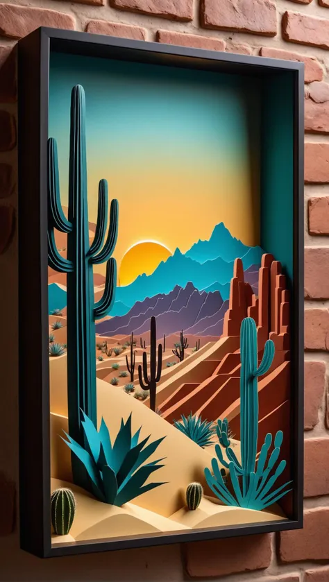 3d papercut shadow box of painting of desert scene with cactus and mountains in background, 8k hdr hyperrealism, epic framing, michael kutsche, painted on a brick wall, western comic art, xRx}x}, early dawn, anamorphic widescreen, ornate painting, rafeal albuquerque comic art, frame, inspired by jean giraud, matte paining . layered, dimensional, depth, silhouette, shadow, papercut, handmade, high contrast