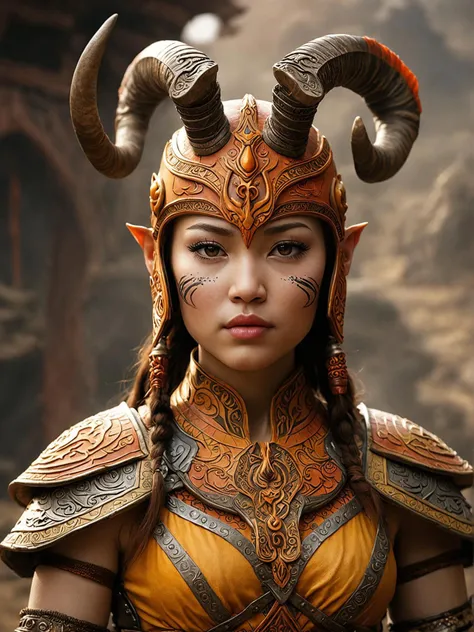 god of war style orange, yellow, with intricate designs that add to the visual appeal. the helmet they wear features long horns and a face mask adorned with a tribal pattern, this image is a high quality illustration of a female character from the popular chinese animated tv series, sky, colorful landscape., extremely detailed photograph, in this scene, professional photograph, posing au naturel . mythological themes, cinematic narrative, action adventure combat