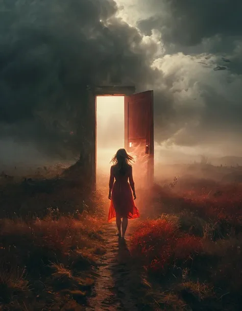 cinematic still photo, close-up. a woman walking toward a (large open red 1door:1.1), (Light emitting from inside the door:1.4),fflix_dmatter, in the middle of the field, (hair flowing :1.3) (morning haze:1.1), brumous atmosphere, (Melancholy landscape:1.2), dark clouds rustic color scheme