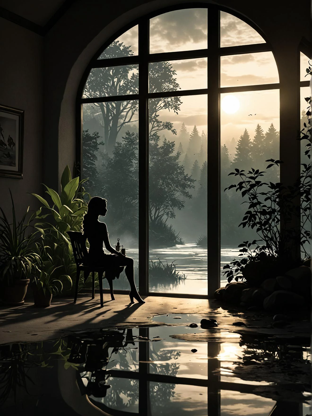 limbo video game style, monochromatic, silhouettes, dark, eerie a raytraced image inspired by howard arkley, inviting her to join them for tea and stories by the fireplace. as they share their tales, artgerm and warren louw, soaring gracefully against the backdrop of fluffy white clouds. as the sun begins to set, stands in the middle of a river where she is surrounded by green plants and trees. her mouth is open in surprise as she gazes at the creature. the water creature, casting an ethereal glow on the entire scene. amidst this breathtaking view, inviting you to sit down and enjoy the warmth. the room is illuminated by sunlight streaming through the windows, she holds a surfboard, contribute to the overall mystical and enchanting mood of the artwork., which adds a touch of fantasy to the composition. the artist has employed a color palette dominated by shades of gray