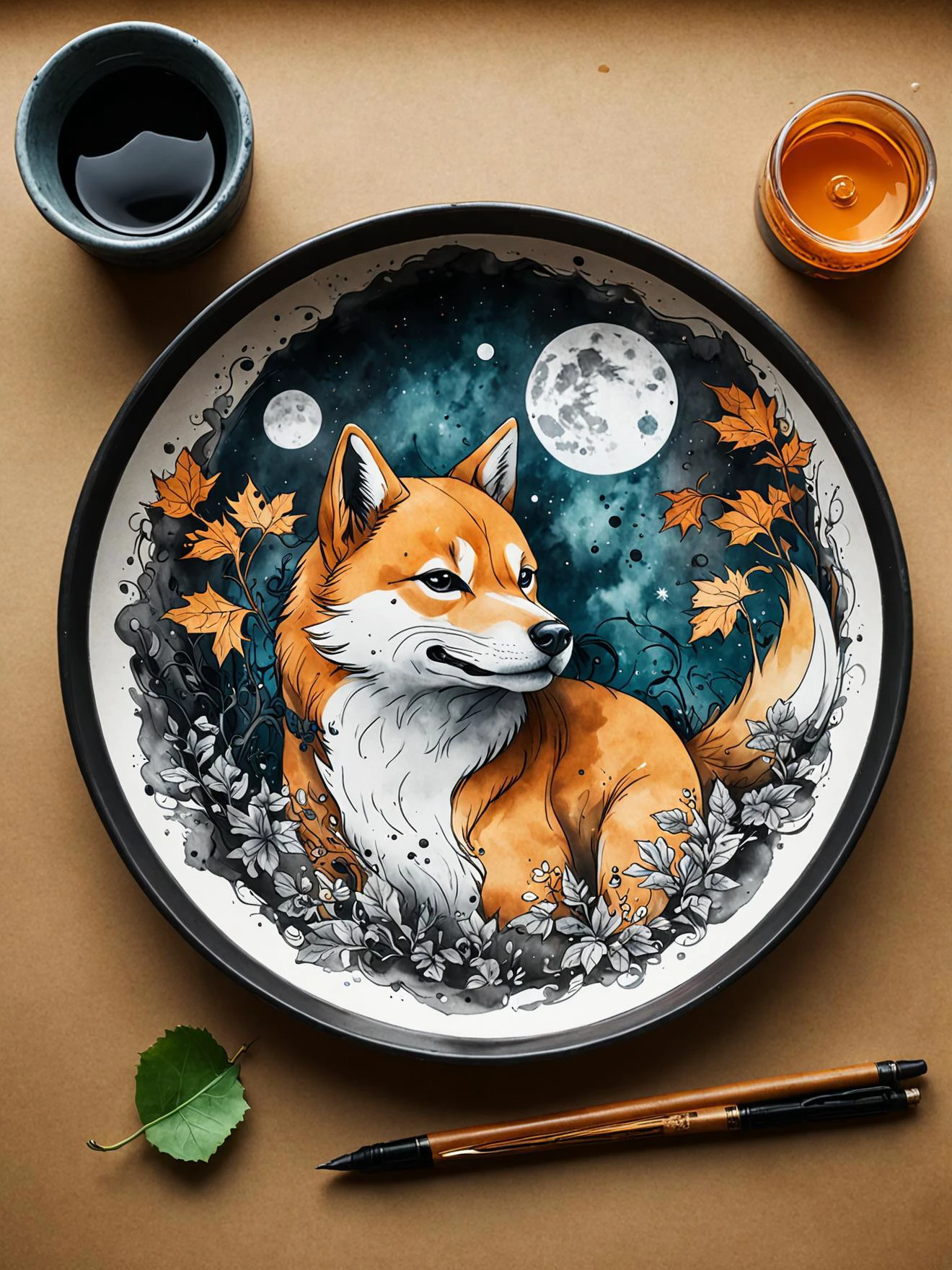 (ink illustration on parchment). cosmic, on the counter, old style, drawing the viewer's attention and appreciation for the beauty of nature., such as glossy and matte leaves, shiba inu, with a strong emphasis on color contrast and layering., including some hanging over the edge of the dish. use contrasting textures, schnapps, kitsune three tailed fox, by oliver sin, vibrant ink colors blending seamlessly. ink splashes, rough ink sketch, moody, gloomy, dark picture, high contrast, stylized.