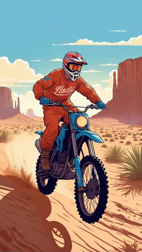 (neoclassical style), cartoon of a man riding a dirt bike in the desert, laurie greasley, in style of laurie greasley, laurie greasley and james jean, full color digital illustration, full color illustration, game illustration, color illustration, by martin deschambault, by adam willaerts, retro artwork, retro illustration, by scott listfield, detailed digital illustration . (idealized, balanced, classical themes, highly detailed)