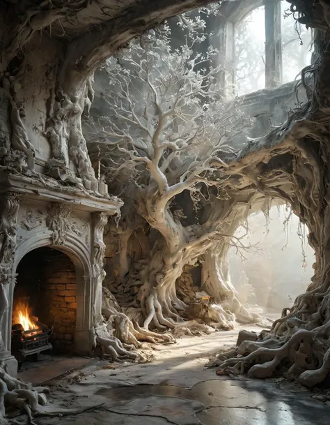Within a cavernous room, a ghostly white tree stretches towards a smoldering fireplace, its roots twisting like organic sculptures through a hauntingly beautiful dreamscape. (ethereal, dreamlike)