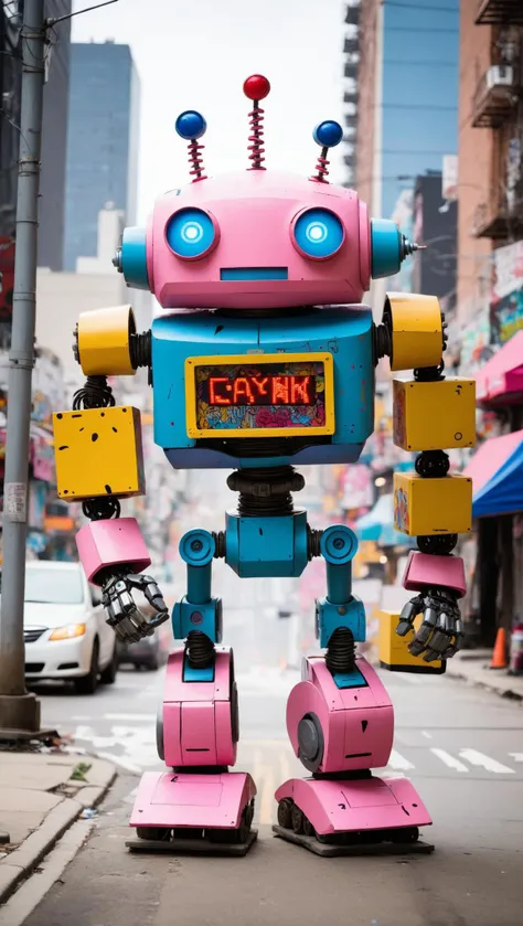 the image captures a vibrant street scene dominated by a large, colorful robot sculpture. the robot, standing on the road, has a beige body adorned with various objects such as pipes and wires, giving it an industrial feel. its face is round and features large blue eyes and a red mouth, which are accompanied by two white question marks on its forehead, adding to its robotic appearance. the background of the image provides context to the setting. there's a building painted in pink with gray accents, suggesting a residential or commercial area. a yellow taxi cab can be seen parked nearby, further emphasizing the urban environment. adding to the artistic nature of the scene, graffiti decorates several elements, including the robot itself and other parts of the surroundings. this suggests that the location might be known for its street art culture. the image overall presents a blend of modernity and creativity, encapsulating the essence of a bustling cityscape. . vibrant colors, dynamic, ((2d fighting game, pixelated)), highly detailed, reminiscent of street fighter series, whimsical characters