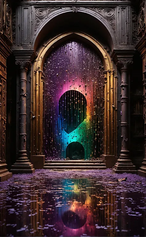 vibrant, rainbow colored, a desolate, forgotten chamber deep within a labyrinthine palace, where a forlorn glass vortex, its iridescent beads dulled by the weight of years, hangs limp and lifeless from a rusted metal framework, as if begging for respite from the crushing darkness that surrounds it, with only faint, flickering whispers of its former ethereal glow echoing through the oppressive stillness., the backdrop is a rich tapestry of gold and purple, giving off an opulent vibe reminiscent of indian royalty.