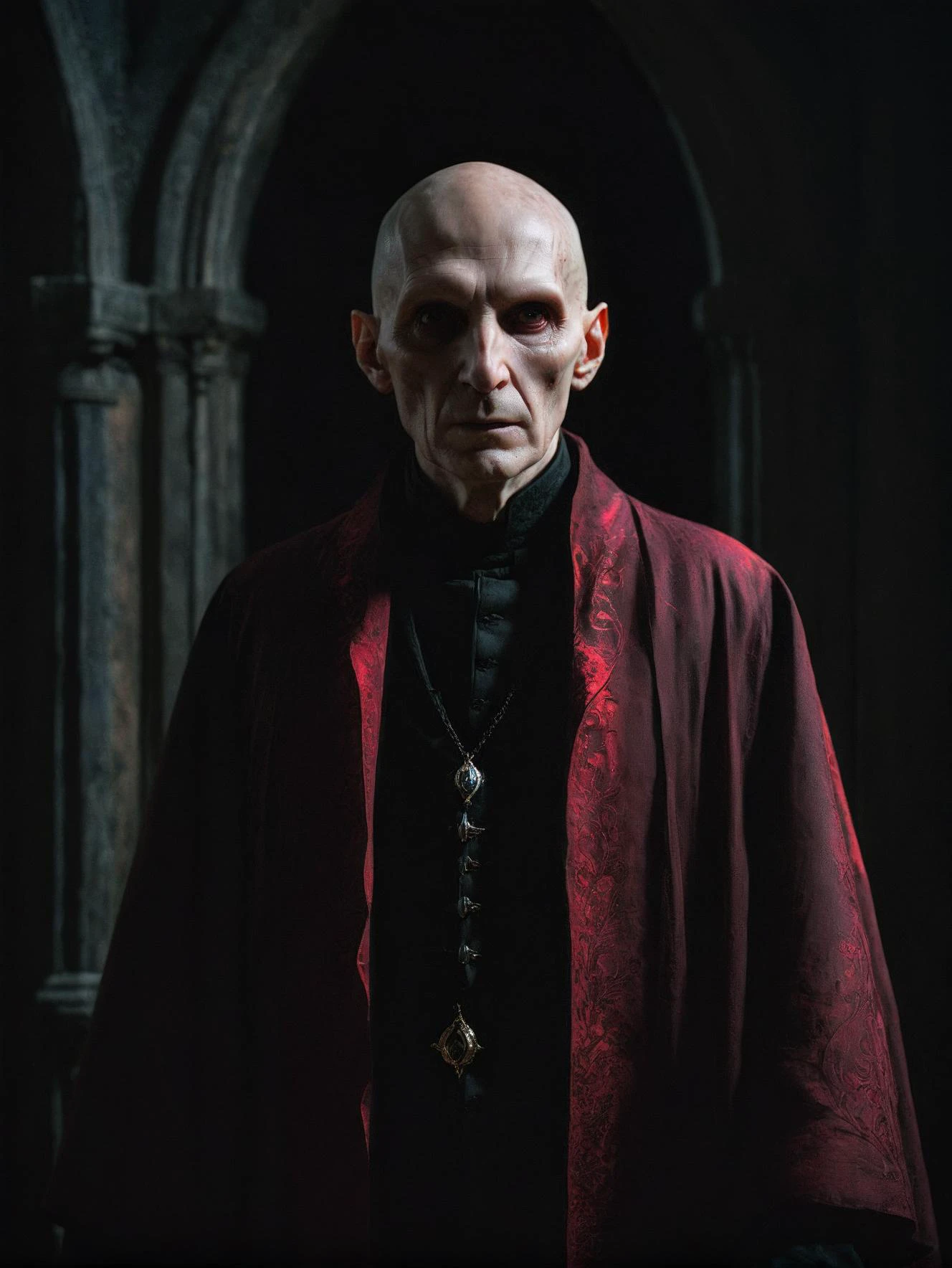most detailed image of a very high quality masterpiece,complex composition, exquisite detailed features, photorealistic, absurdres, <lora:Radiant_Darkness:1> Radiant Darkness <lora:zavy-cntrst-sdxl:1> dark, chiaroscuro, low-key, red ink, masterpiece fro another dimension, elder vampire, voldemort