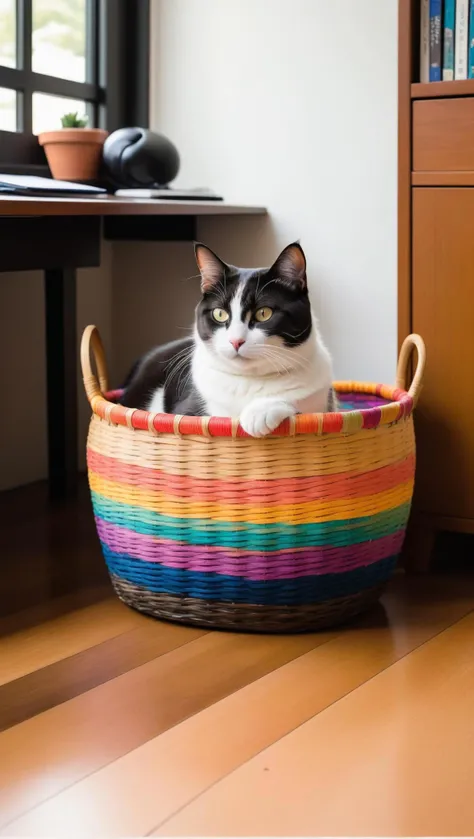 ukiyo e style the image captures a cozy scene featuring a cat comfortably nestled within a vibrant, rainbow colored woven basket. the basket is placed in the corner of a room and is partially concealed by a black desk chair. the cat, with its mix of white and brown fur, is peeking out from the basket, giving off an air of curiosity as it gazes directly at the camera. the overall composition of the image exudes warmth and tranquility, inviting viewers to appreciate the simple yet heartwarming moments shared between pets and their homes. . japanese woodblock prints, flat, bold lines, vibrant colors
