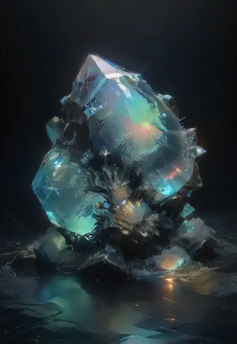 a glowing holographic diamond on a pure dark liquid ocean, wreck, cracked, shadows, black ocean, night, translucent, <lora:- SDXL - holo_effect_V1.0:0.7>, <lora:- SDXL - vant_blk_contrast_V2.0:0.7>, <lora:DisplayStandXL_1.0:0.7>, <lora:SDXL - Style - EldritchRomanceIllustration1.3.1:0.8>