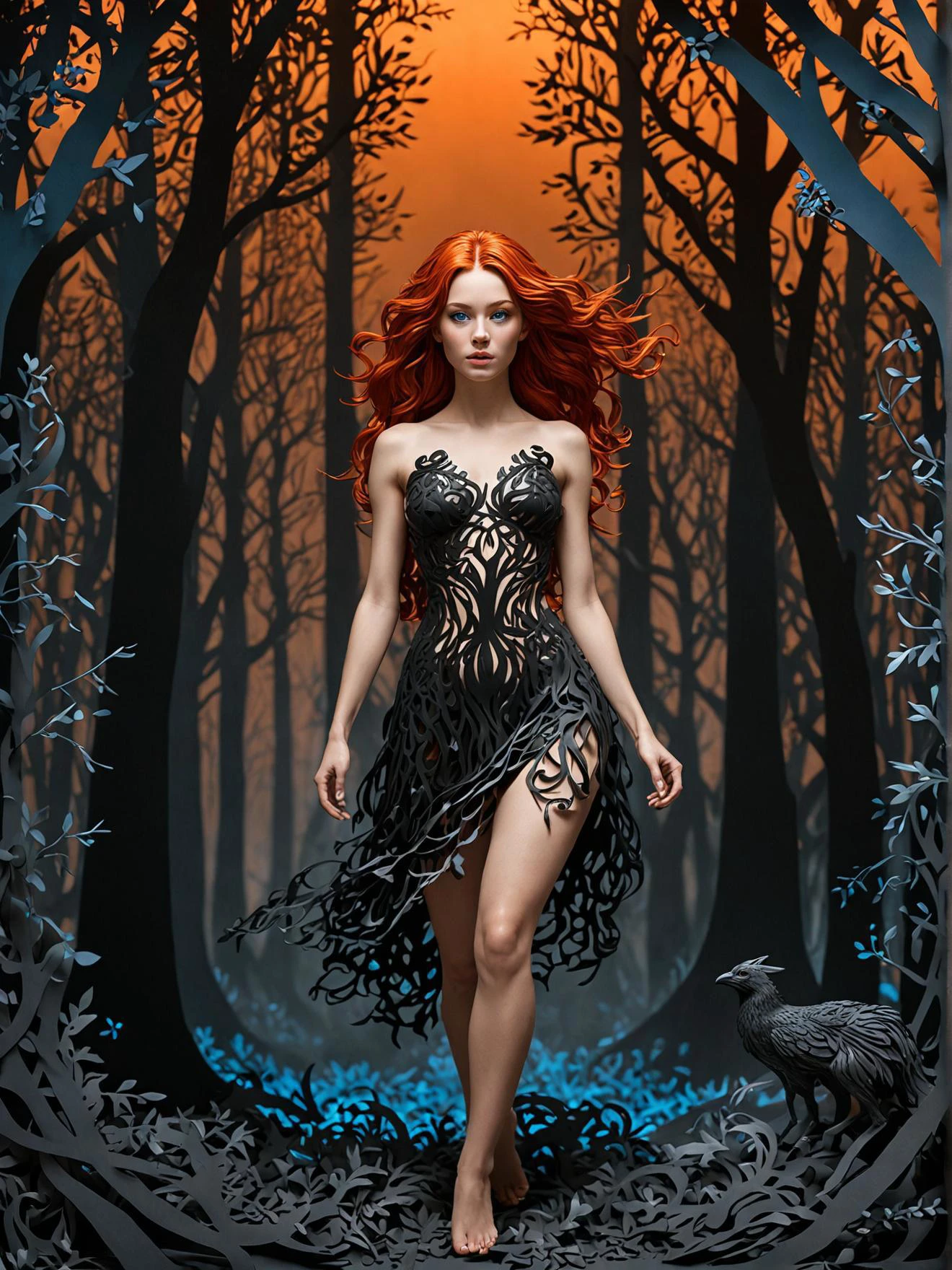 thick layered papercut art of adding texture to the composition. the entire art piece is set against an orange backdrop, adding a touch of magic to this captivating scene. the figure strides confidently towards the camera, the image portrays a character in a dramatic and intense scene. the character is adorned in black, sensual pose, a woman with fiery red hair and captivating blue eyes finds herself in the midst of an ethereal forest. the trees, light blacks, monochromatic airbrush painting, full body photoshoot, high resolution, alen kopera . deep 3d, volumetric, dimensional, depth, thick paper, high stack, heavy texture, tangible layers