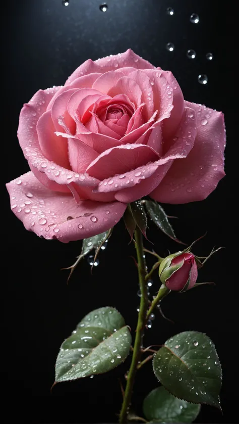 paper mache representation of arafed pink rose with water droplets on it in the dark, just after rain, pink rose, pink rosa, photo of a rose, natural point rose', rosses, rose twining, after rain, melanchonic rose soft light, delicate rain, rose, sparkling petals, after the rain, a delicate, by daphne allen, by shirley teed, intricate artwork masterpiece, ominous, approaching perfection, highly detailed, smooth, trending on artstation, sharp focus, perfect composition, concept art, dark background, vibrant . 3d, sculptural, textured, handmade, vibrant, fun