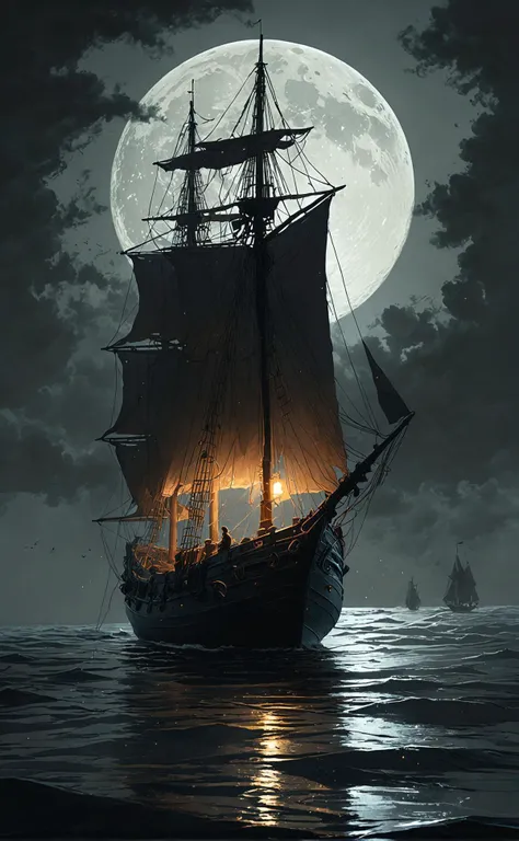 here is a revised version of the prompt: on the weathered deck of an ancient sailing vessel, a lone figure stands at the bow, shrouded in mist and moonlight, as if blown by some unseen force towards the horizon. their hair is a wild tangle of silver threads, whipped into frenzy by the wind's cruel hand, while their eyes burn with a restless energy, as if fueled by the secrets whispered through their tangled locks. the vessel's rigging creaks and groans in protest as the figure seems to be torn from the deck itself, their attire a mad tangle of leather and fabric, adorned with tarnished brass buttons and a silver brooch that glows like a tiny lantern in the moon's pale light flapping wildly behind them like a dark cloak. the sea itself seems to be calling out to them, its whispers growing louder, more insistent, as if urging this lone wanderer to follow its siren song into the unknown., cgsociety, delightful digital painting, hyperrealistic, by atey ghailan, inspired by atey ghailan, in style of atey ghailan, digital painting concept art, beautiful digital painting, realistic windows, digital painting style, procreate illustration