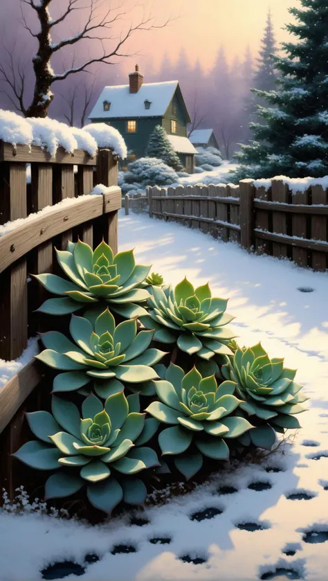 the image captures a serene winter scene, with snowflakes gently falling onto a succulent plant. the plant is a striking green color, its leaves broad and pointed, giving it an almost otherworldly appearance. it stands in the center of the frame, surrounded by the white blanket of snow that also covers the ground beneath it. in the background, dark shapes suggest the presence of wooden fencing or perhaps a trellis, adding depth to the composition. the overall mood is tranquil and peaceful, evoking a sense of calm and stillness typical of a quiet snowfall. to create an artwork based on this description, you might consider the following steps: 1. choose a size and orientation for your canvas that best suits the landscape format of the original image. 2. start by blocking in the foreground with a light gray or beige tone to represent the snow covered ground. 3. sketch the outline of the succulent plant, paying close attention to its leaf shape and arrangement. since the plant is covered in snow, use light blue or a similar cold hue to indicate the snow layer on top of it. 4. use darker shades of blue or purple to paint the dark shapes in the background, representing the wooden fence or trellis. 5. as a final touch, apply white gouache over the entire painting to give it a snowy feel and enhance the sense of cold weather. 6. add small details like individual snowflakes using fine brushwork or a stippling technique, creating a more realistic and textured snow effect. remember, while adhering to the description is essential, artistic interpretation allows for creativity and personal expression, so don't be afraid to add your unique flair to the artwork!, romantic impressionism, dream scenery art, beautiful oil matte painting, romantic, style of thomas kinkade, beautiful digital painting, anime landscape, romantic painting, thomas kinkade style painting, dreamlike digital painting, colorful painting, beautiful gorgeous digital art, style thomas kinkade