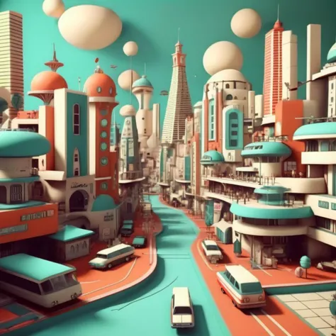 a retro fashion 3d designed city, <lora:retro fashion cyberpunk style:1>