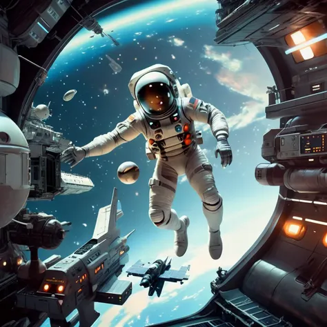 a retro soldier, heavily armed, docking bay, space station, shuttle, zero gravity, floating <lora:retro fashion cyberpunk style:1>