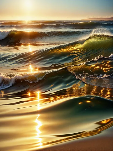 most detailed image of a very high quality masterpiece, glossy surface, vibrant colors, complex composition, volumetric lighting, exquisite detailed features, photorealistic, absurdres, <lora:add-detail-xl:2>, light source, metallic gold, glint, glistening, ethereal, transparent, luminous, crashing waves, <lora:Alphonse Mucha Style:0.45>