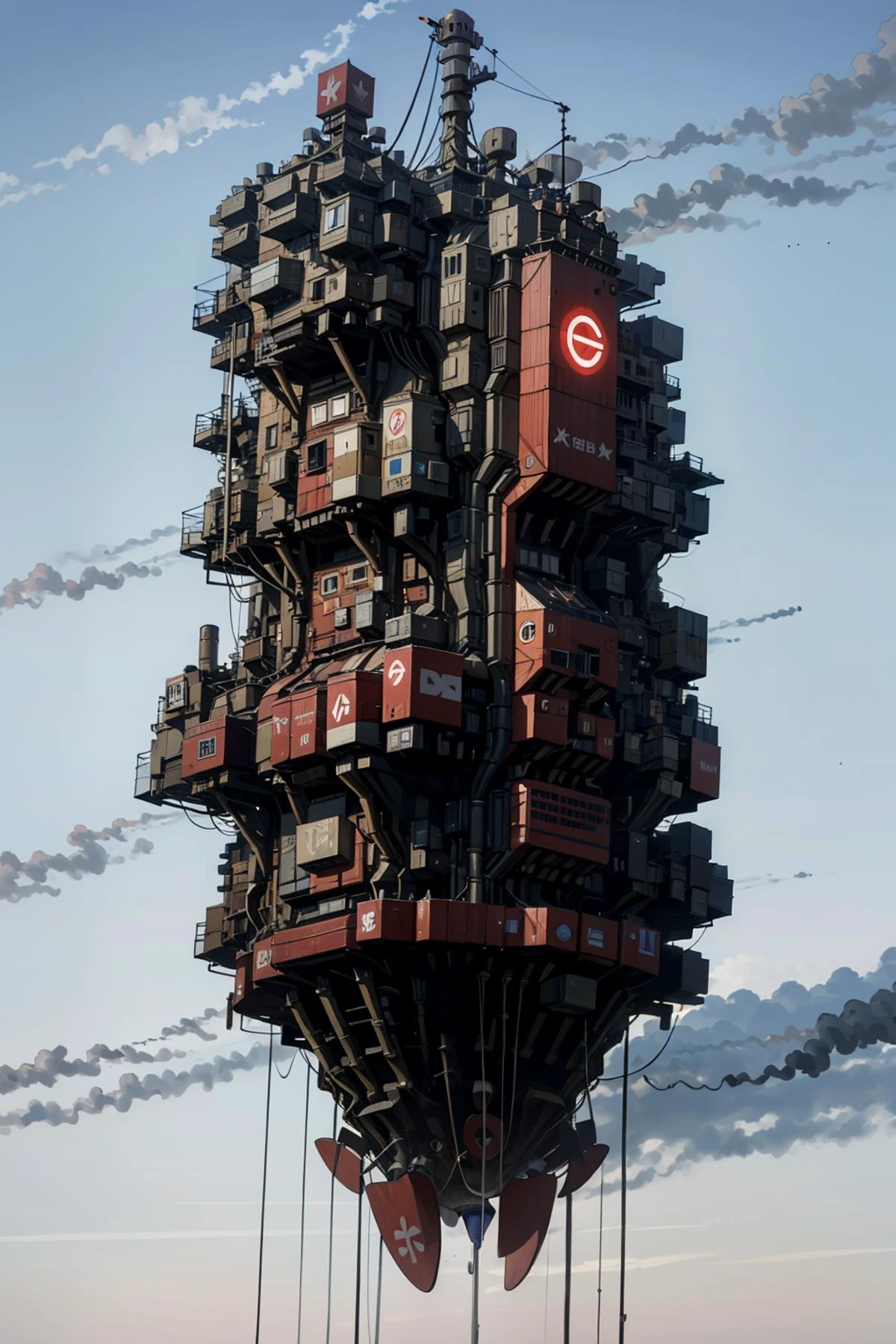 masterpiece, best quality,Suspended city, <lora:city3 lion128 1 05:1>,cyberpunk, skyscraper, cloud, fog, neon lights, red glow, red light, rain, no humans, brutalist architecture, Cubist Futurism