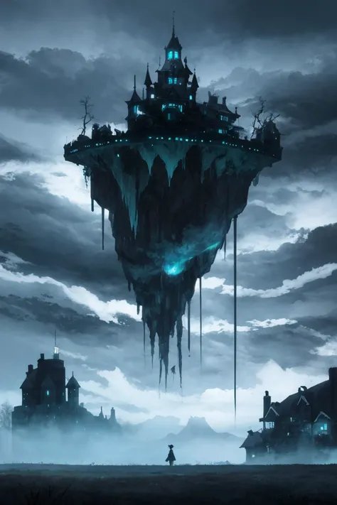 masterpiece, best quality, <lora:BIAO_floating:1> Suspended city, witch, darkness, evil, glowing, magic, cloud, fantasy, chains holding the island down, <lora:Gloomifier_V2_TheGlow:2>