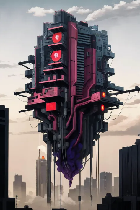 masterpiece, best quality, <lora:BIAO_floating:2> Suspended city, cyberpunk, skyscraper, cloud, fog, bird's eye view, from above, aerial view, neon lights, red glow, red light, rain, no humans,Cubist Futurism, brutalist architecture
