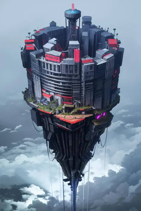 masterpiece, best quality, <lora:BIAO_floating:1.5> Suspended city, cyberpunk, skyscraper, cloud, fog, bird's eye view, from above, aerial view, neon lights, red glow, red light, rain, no humans, cubist futurism, brutalist architecture, thrusters, darkness, dark, <lora:Gloomifier_V2_TheGlow:0.8> concrete, steel, metal, prison, (panopticon:1.6)