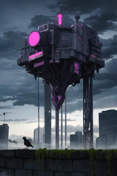 masterpiece, best quality, <lora:BIAO_floating:1.5> Suspended city, cyberpunk, skyscraper, cloud, fog, bird's eye view, from above, aerial view, neon lights, red glow, red light, rain, no humans, cubist futurism, brutalist architecture, thrusters, darkness, dark, <lora:Gloomifier_V2_TheGlow:0.8> concrete, steel, metal, too many birds, bird, flock, (panopticon:1.6)