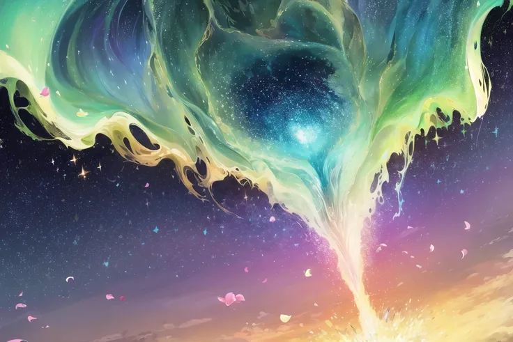 Masterpiece beautiful, volumetric lighting, (ambrosia), gust of wind, mountains stars ocean, (oro:1.2), floating islands, will-o'-the-wisp \(mythology\), aurora, stars, evaporation, bioluminescence, (sparkle:1.3), waves crashing, (flower petals:1.2), high contrast, fireflies, constellation, clouds, nightmare, pillars of creation