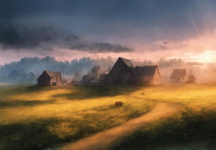 A beautyfull landscape with old houses in viking style with fields nad cattles and small river, photography, photorealistic, high res, 4k, 8k , highly detailed and sharp focus, stunningly beautiful, cinematic lighting, dusk, sunshine visalbe rays, oclusion <lora:add_detail:1>