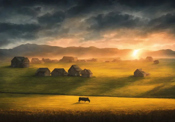 A beautyfull landscape with old houses in viking style with fields nad cattles and small river, photography, photorealistic, high res, 4k, 8k , highly detailed and sharp focus, stunningly beautiful, cinematic lighting, dusk, sunshine visalbe rays, oclusion <lora:add_detail:1>