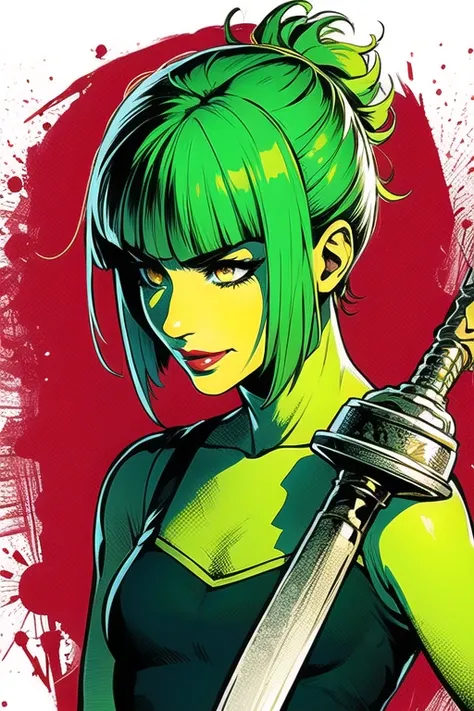 1girl, solo, short messy hair, smile, yellow eyes, weapon, green hair, makeup, lipstick, red lips, retro artstyle, (valorant:1.3) profile mysterious, looking away, tendrils bangs,