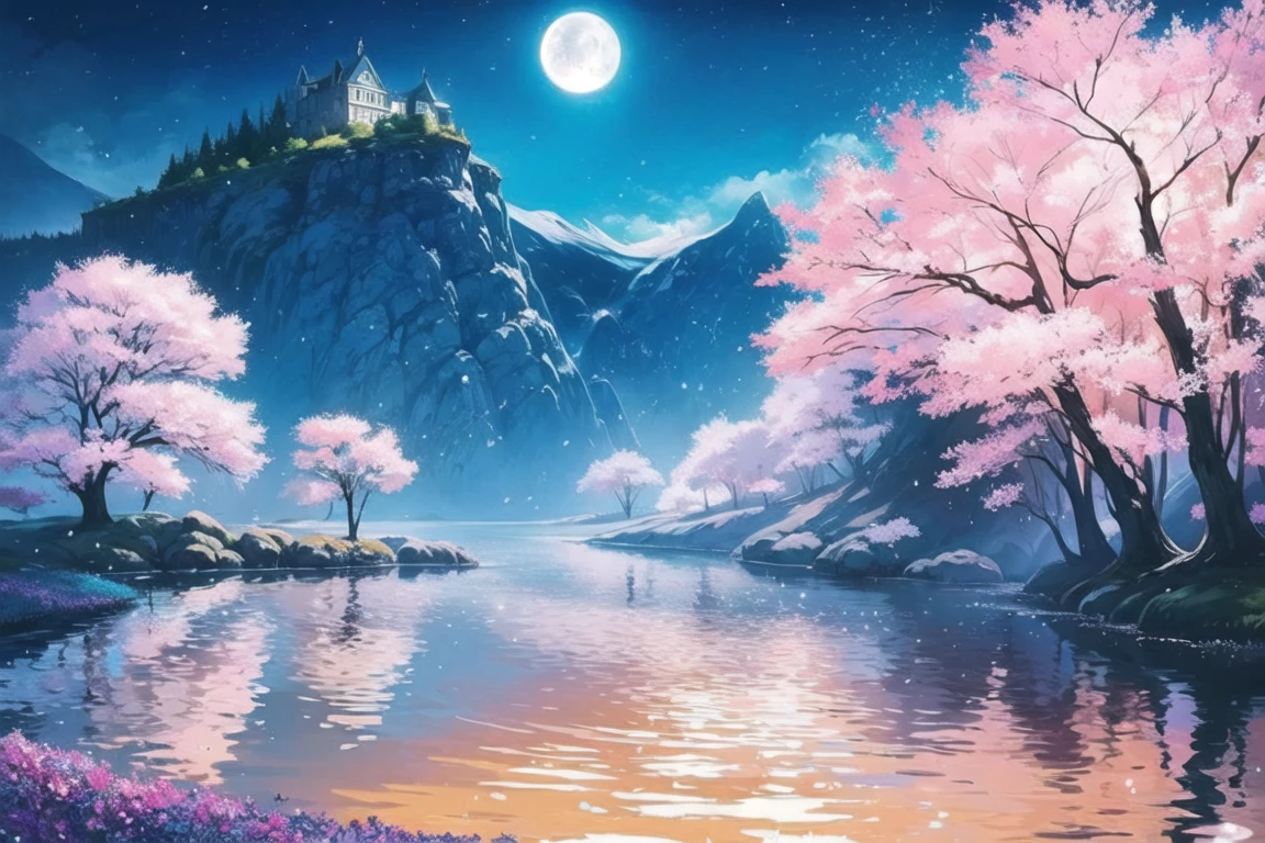 Masterpiece beautiful, volumetric lighting, (ambrosia), gust of wind, mountains stars ocean forest, (oro:1.2), floating islands, will-o'-the-wisp \(mythology\), lily \(flower\), firefly, clouds moon, fragrance, bioluminescence, luminescence, castle in the sky, cherry blossoms, world tree, ouroboros