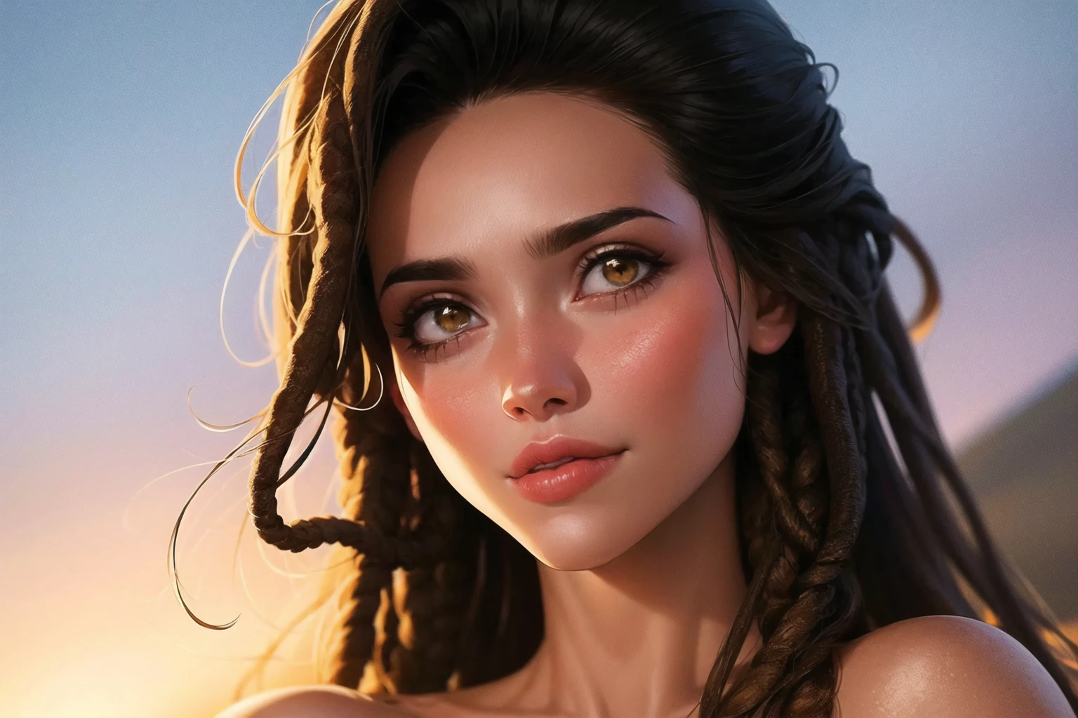 masterpiece volumetric smile, BREAK
(mature female|woman), 1girl, solo, long hair, breasts, looking at viewer, large breasts, black hair, medium breasts, closed mouth, yellow eyes, upper body, nude, lips, orange eyes, glowing, glowing eyes, (dreadlocks:1.3), BREAK
Beach,