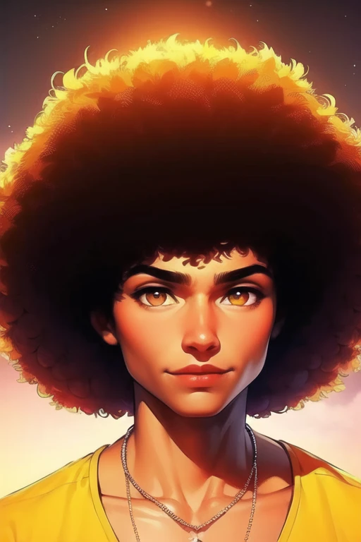 digital paiting, masterpiece volumetric smile, BREAK
1boy, solo, brown skin, long hair, looking at viewer, black hair, closed mouth, goatee, yellow eyes, upper body, lips, orange eyes, glowing, glowing eyes, (curl fro:1.3) male focus, opened shirt, BREAK(
Beach:1.2), (flower) in hair, (necklace:1.2)