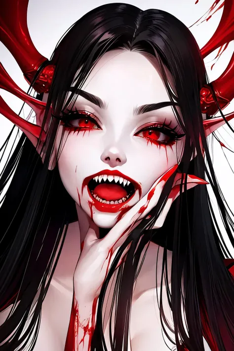 vampire. (((a lot of blood flowing out of her mouth down her face))). beautiful, sensual. (((teeth like dracula))). red lipstick. dark eyeshadow. highly detailed face. intricate eyes, hair. detailed skin.