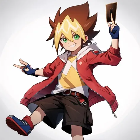 (extremely detailed:1.3),(highly detailed:1.2),(best quality:1.2),(masterpiece:1.2), <lora:YugaOdo-10:1>, YugaOdo, 1boy, solo, blonde hair, brown hair, hair between eyes, green eyes, spiked hair, shirt, gloves, jacket, white shirt, belt, hood, open clothes, shoes, shorts, black gloves, fingerless gloves, open jacket, black shorts, t-shirt, red footwear, red jacket, blue footwear, street, walking, smile, looking at viewer, (holding card, card)