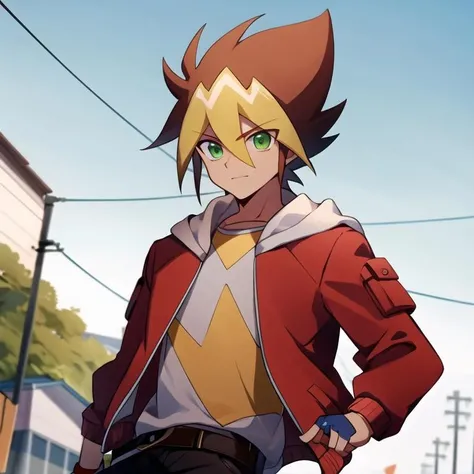 (extremely detailed:1.3),(highly detailed:1.2),(best quality:1.2),(masterpiece:1.2), <lora:YugaOdo-10:1>, YugaOdo, 1boy, solo, blonde hair, brown hair, hair between eyes, green eyes, spiked hair, shirt, gloves, jacket, white shirt, belt, hood, open clothes, shoes, shorts, black gloves, fingerless gloves, open jacket, black shorts, t-shirt, red footwear, red jacket, blue footwear, street, portrait, upper body shot