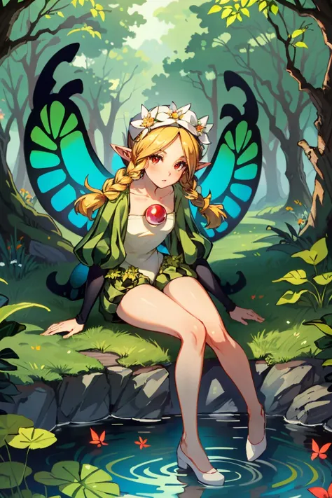 (masterpiece, best quality, highres:1.5)
<lora:OdinSphereMercedes:0.9>
OdinSphereMercedes, 1girl, red eyes, twin braids, pointy ears, blonde hair, butterfly wings, fantasy, forest, pond